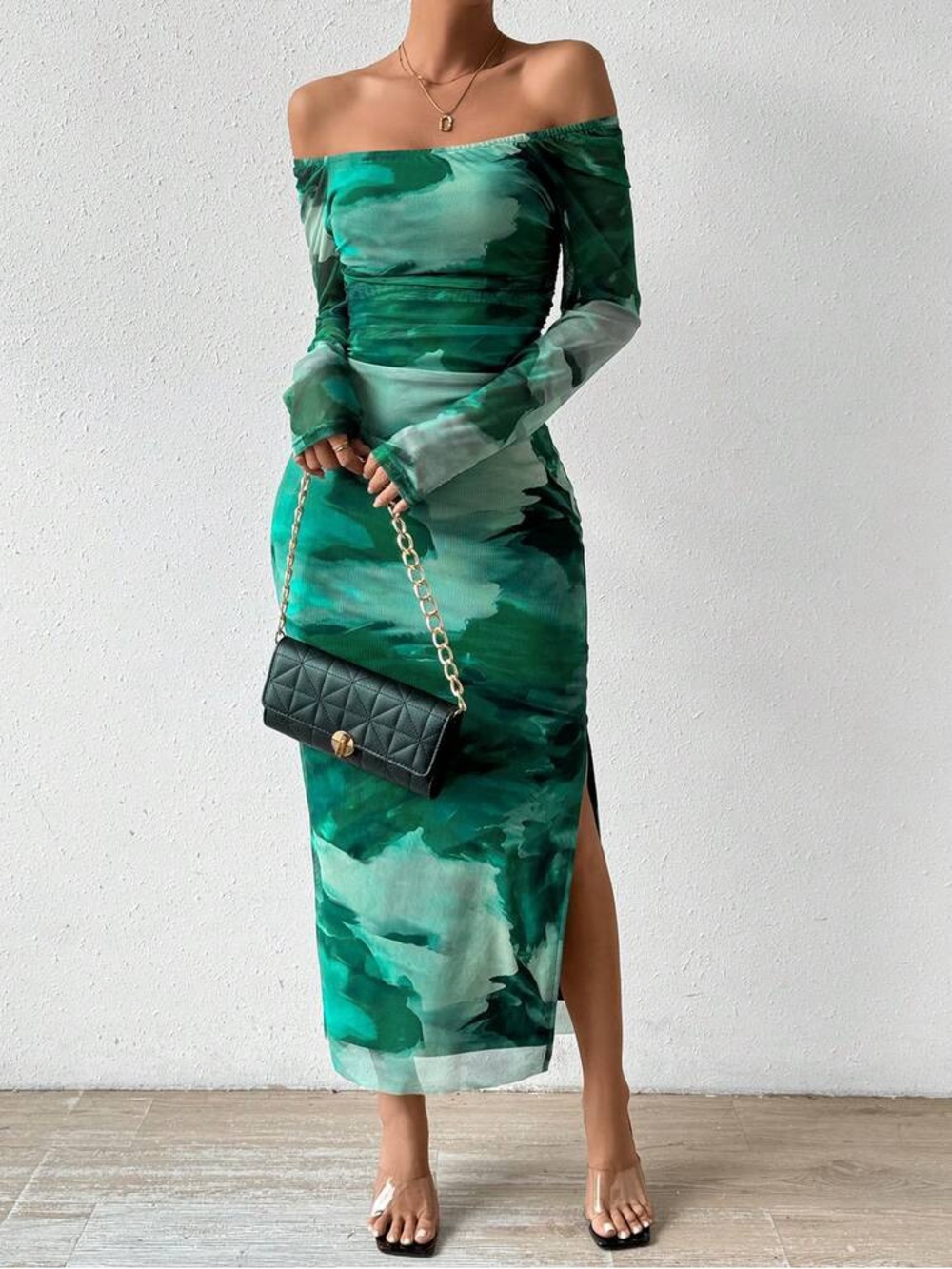 SHEIN Green Watercolor Off-Shoulder Midi Dress